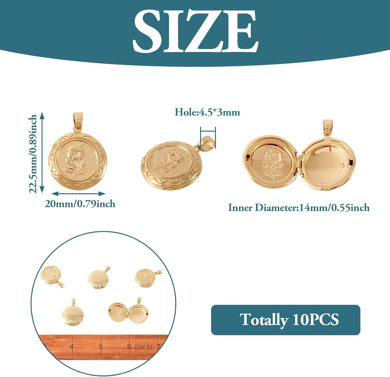 Craftdady 10pcs 18K Gold Flat Round Photo Locket Pendants Brass Picture Frame Charms with Embossed Flower Pattern 22.5x20mm for Necklaces Personalized Jewelry Crafts Making