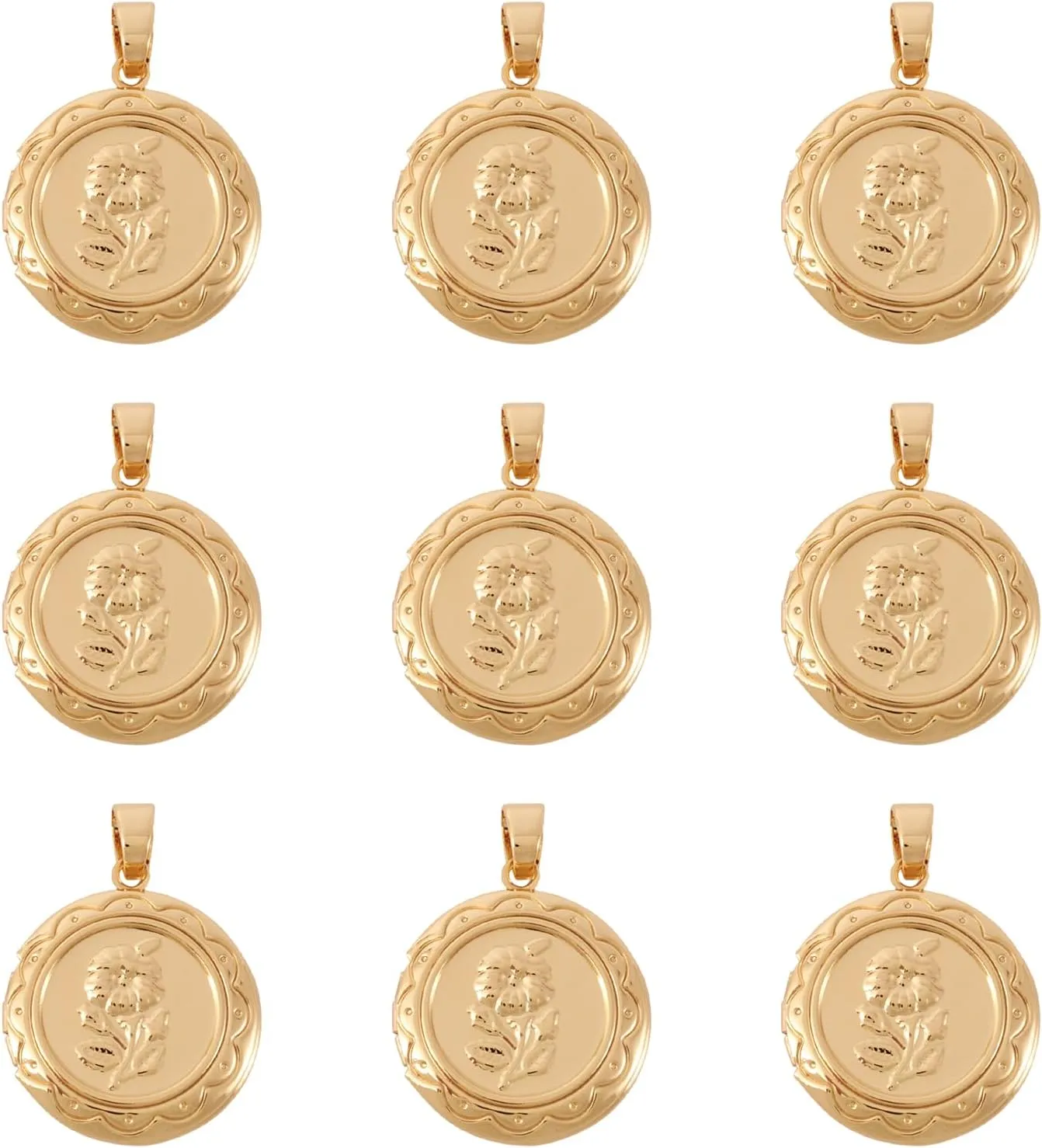 Craftdady 10pcs 18K Gold Flat Round Photo Locket Pendants Brass Picture Frame Charms with Embossed Flower Pattern 22.5x20mm for Necklaces Personalized Jewelry Crafts Making