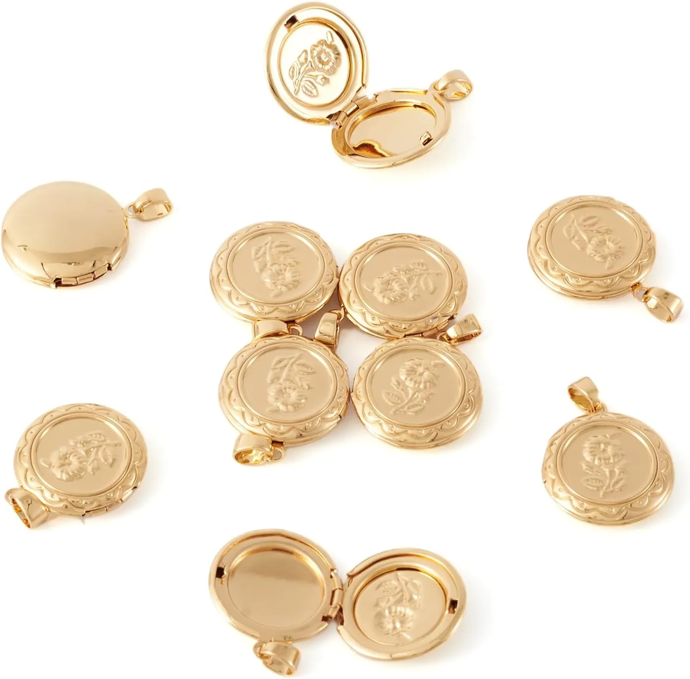 Craftdady 10pcs 18K Gold Flat Round Photo Locket Pendants Brass Picture Frame Charms with Embossed Flower Pattern 22.5x20mm for Necklaces Personalized Jewelry Crafts Making
