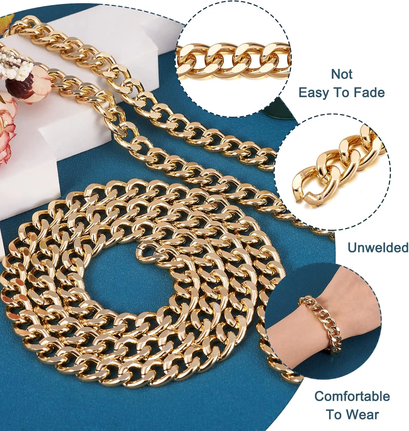Craftdady 2Pcs Flat Chain Strap Gold Metal Purse Handbag Shoulder Body Replacement Strap 39.3" Twisted Curb Link Aluminum Cable Chain for Wallet Clutch Belt Necklace Bracelet