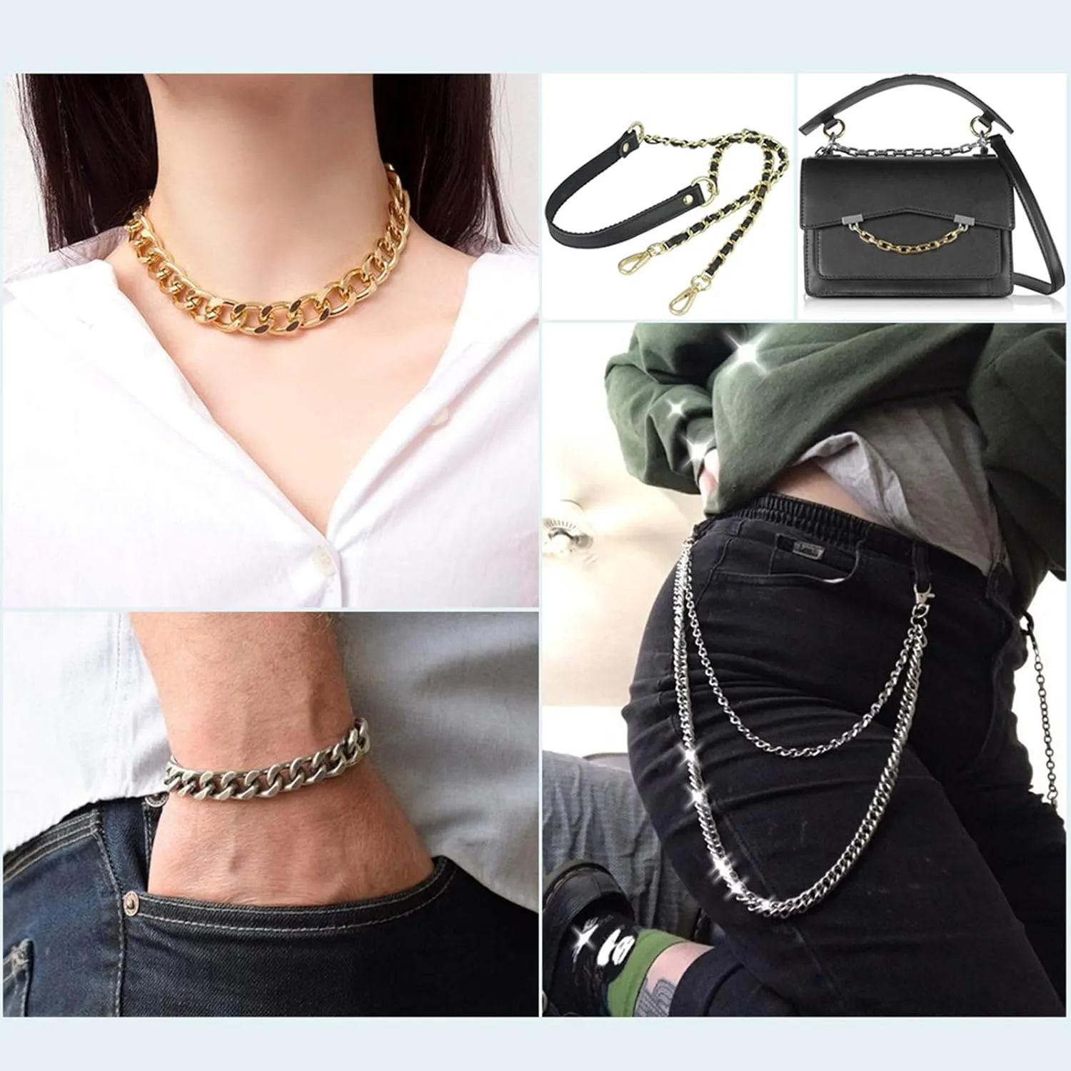 Craftdady 2Pcs Flat Chain Strap Gold Metal Purse Handbag Shoulder Body Replacement Strap 39.3" Twisted Curb Link Aluminum Cable Chain for Wallet Clutch Belt Necklace Bracelet
