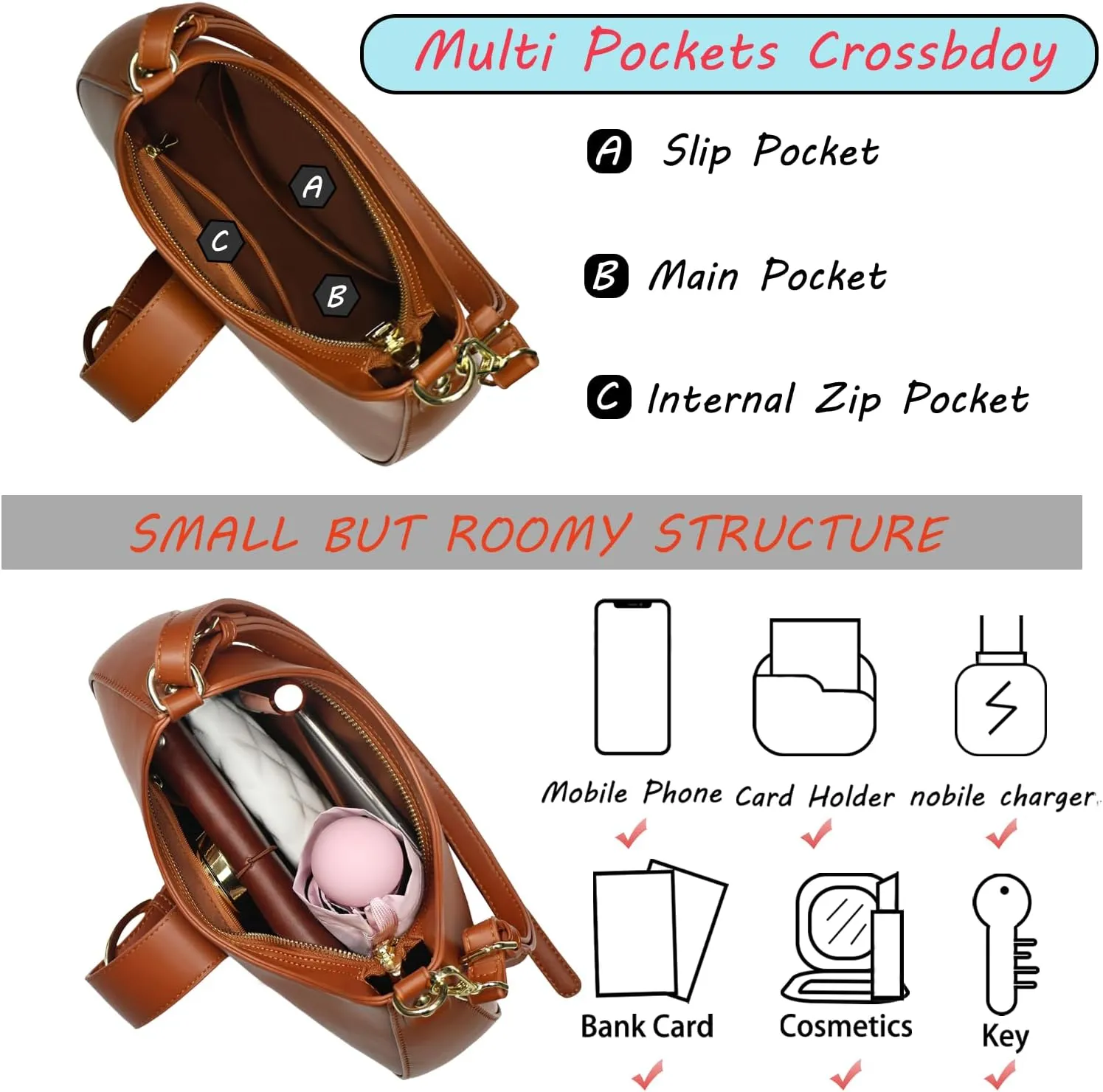 Crescent Bag for Women Small Shoulder Purses Leather Zip Handbag Crossbody Bags Cute Hobo Tote Bag