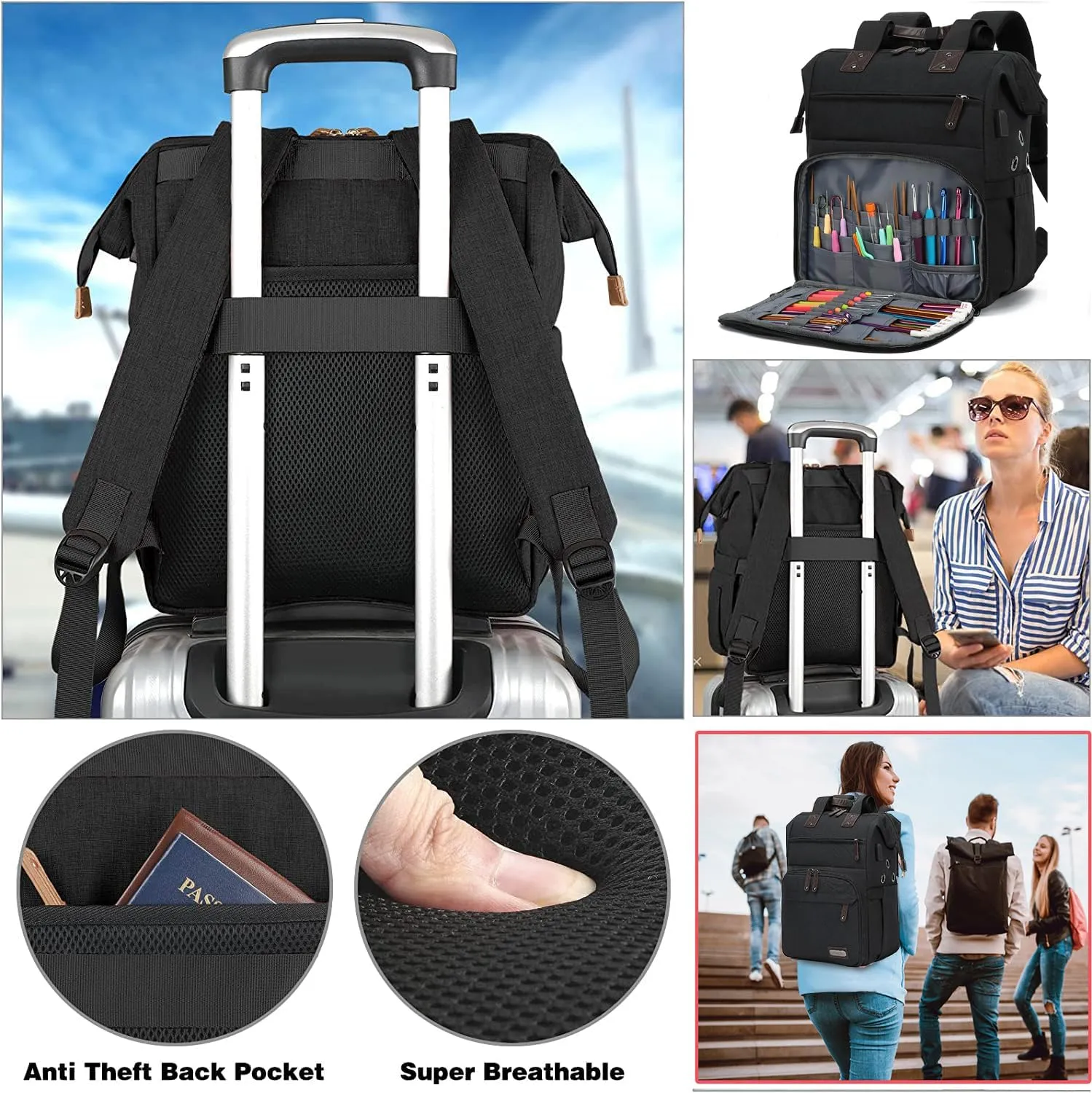 Crochet Backpack,Knitting Bag Backpack Yarn Storage Organizer Travel Crochet Bag with USB Charging Port,Yarn Tote Bag Yarn Holder Case for Knitting Needles, Crochet Hooks,Crochet Accessories,Black