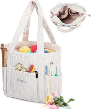 Crochet Bag and Tote - Corduroy Yarn Bag - Yarn Holder and Storage for Crochet Hooks, Knitting Accessories - Mother's Day Gift