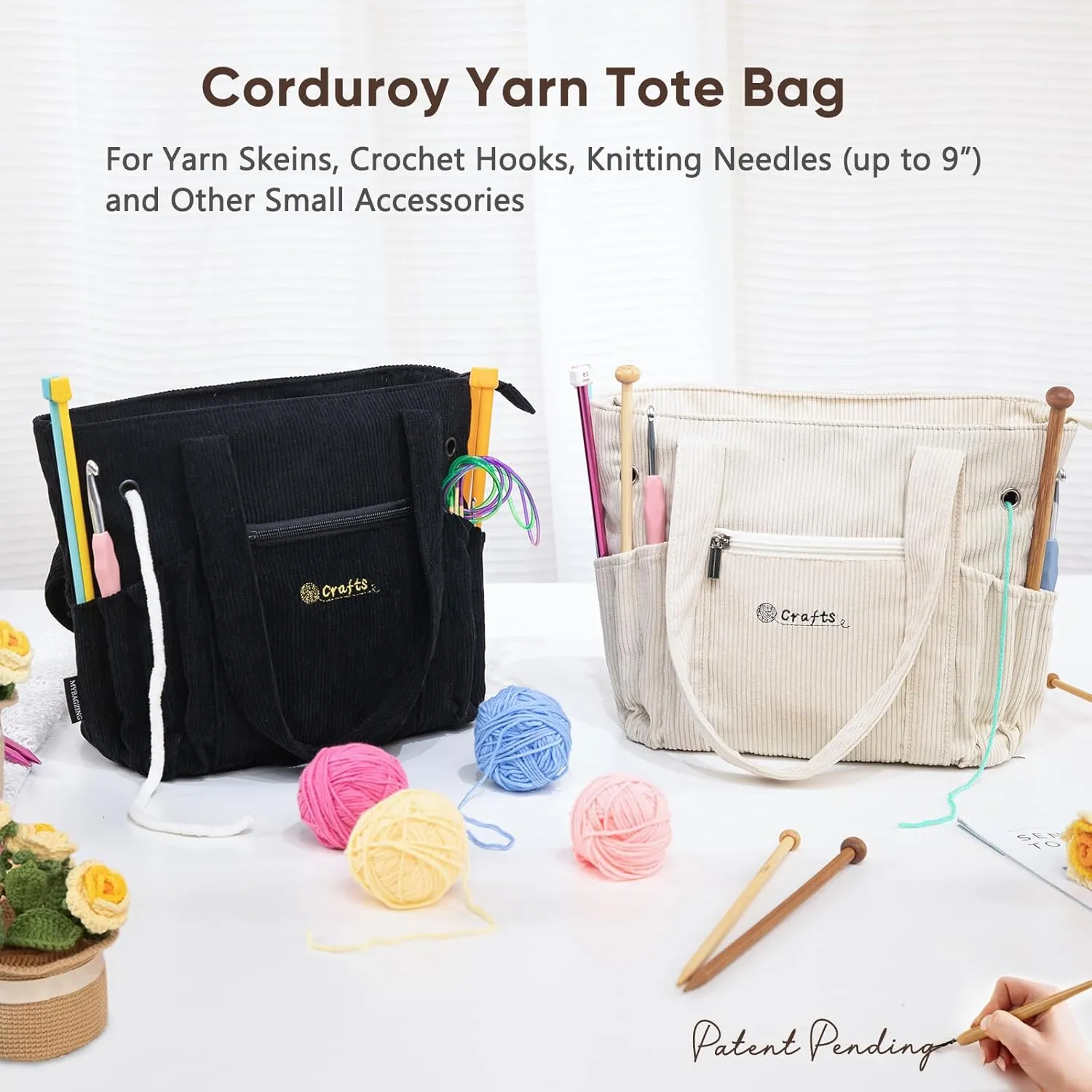 Crochet Bag and Tote - Corduroy Yarn Bag - Yarn Holder and Storage for Crochet Hooks, Knitting Accessories - Mother's Day Gift