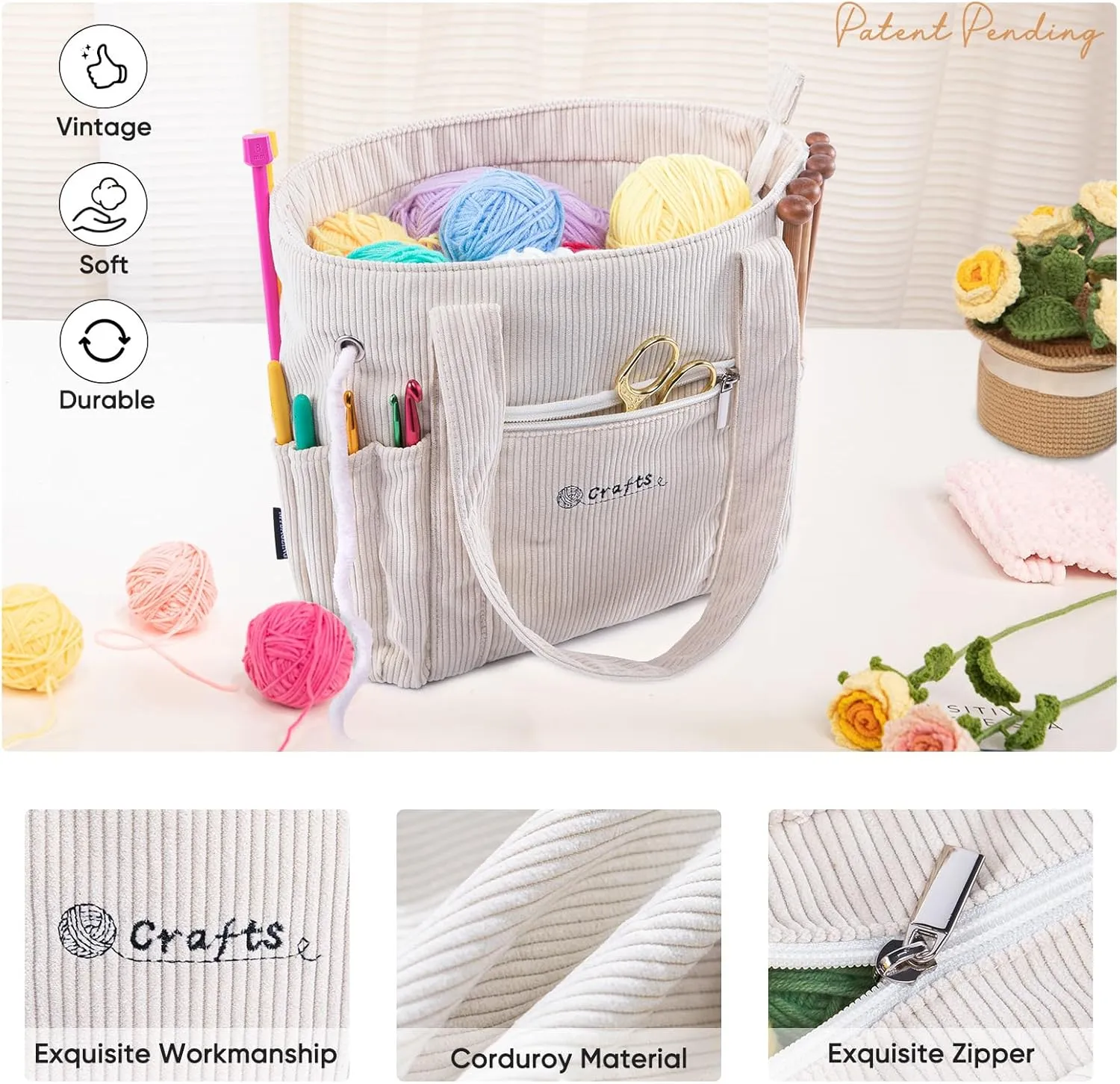 Crochet Bag and Tote - Corduroy Yarn Bag - Yarn Holder and Storage for Crochet Hooks, Knitting Accessories - Mother's Day Gift