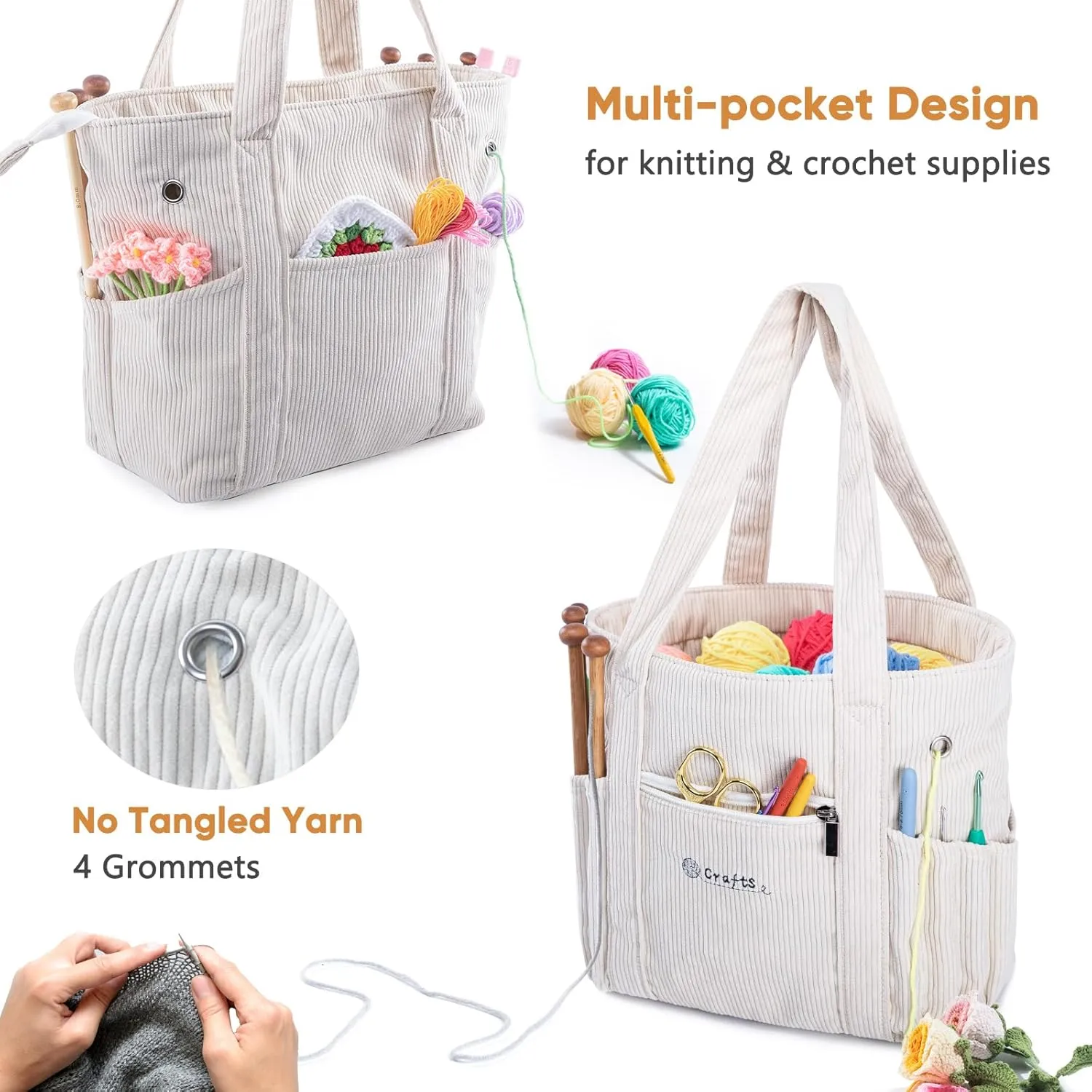 Crochet Bag and Tote - Corduroy Yarn Bag - Yarn Holder and Storage for Crochet Hooks, Knitting Accessories - Mother's Day Gift