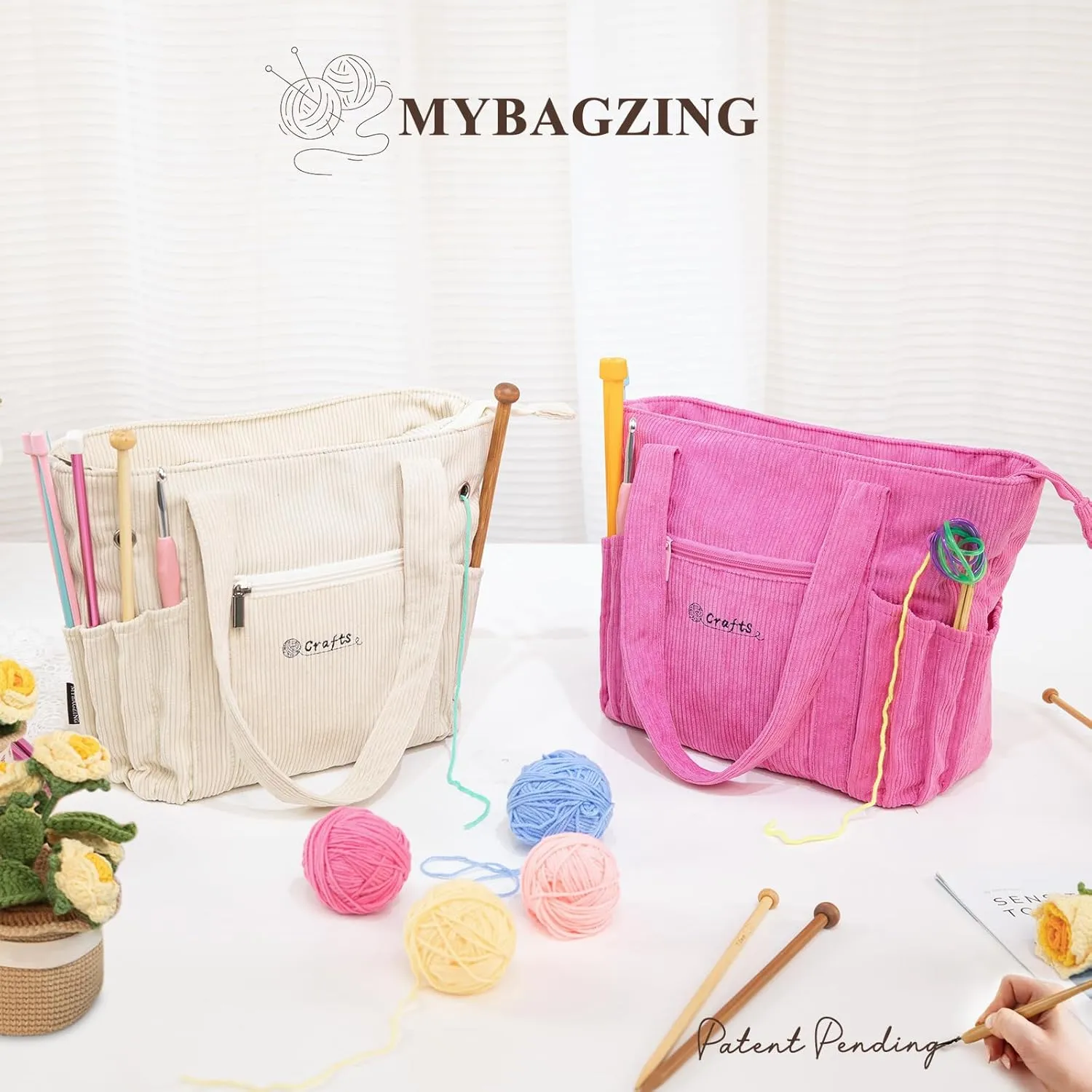 Crochet Bag and Tote - Corduroy Yarn Bag - Yarn Holder and Storage for Crochet Hooks, Knitting Accessories - Mother's Day Gift