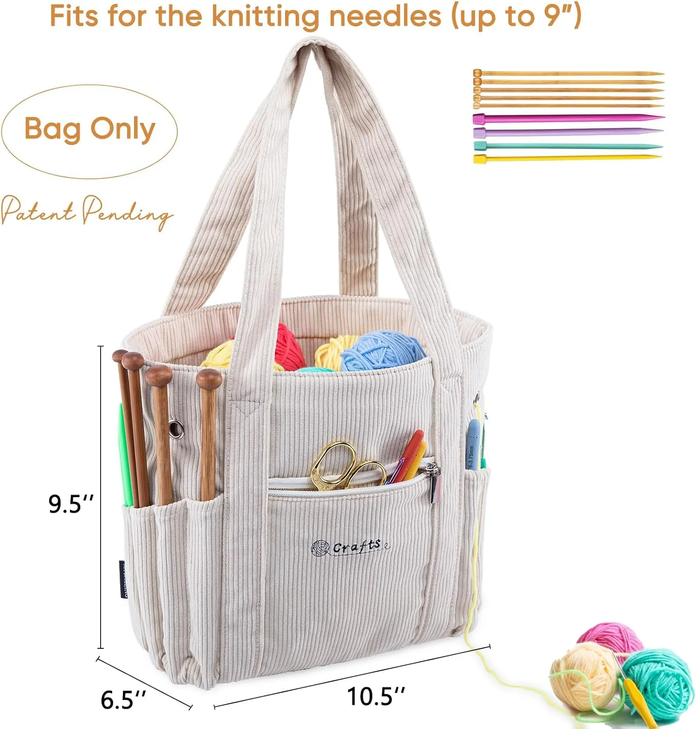 Crochet Bag and Tote - Corduroy Yarn Bag - Yarn Holder and Storage for Crochet Hooks, Knitting Accessories - Mother's Day Gift