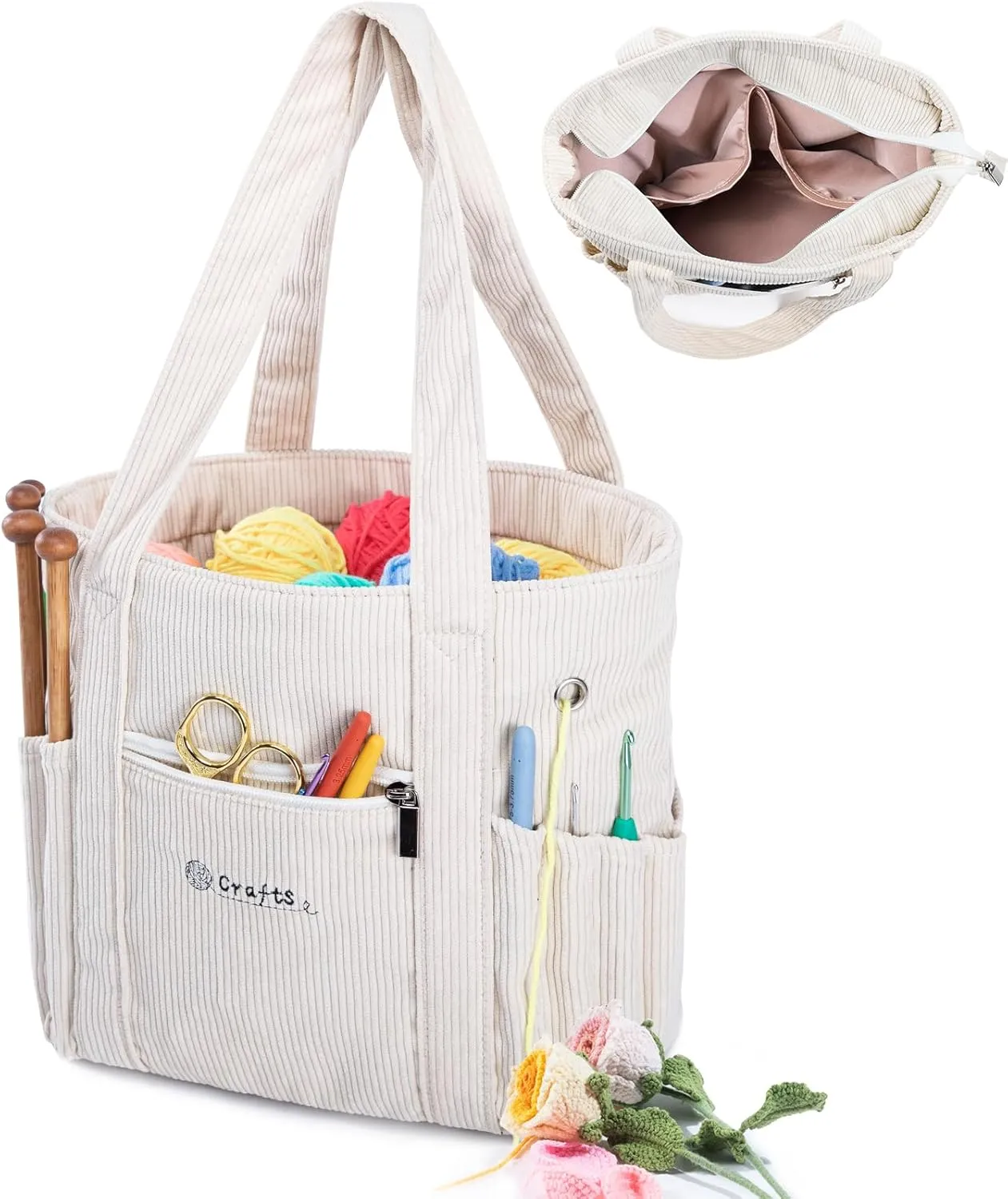Crochet Bag and Tote - Corduroy Yarn Bag - Yarn Holder and Storage for Crochet Hooks, Knitting Accessories - Mother's Day Gift