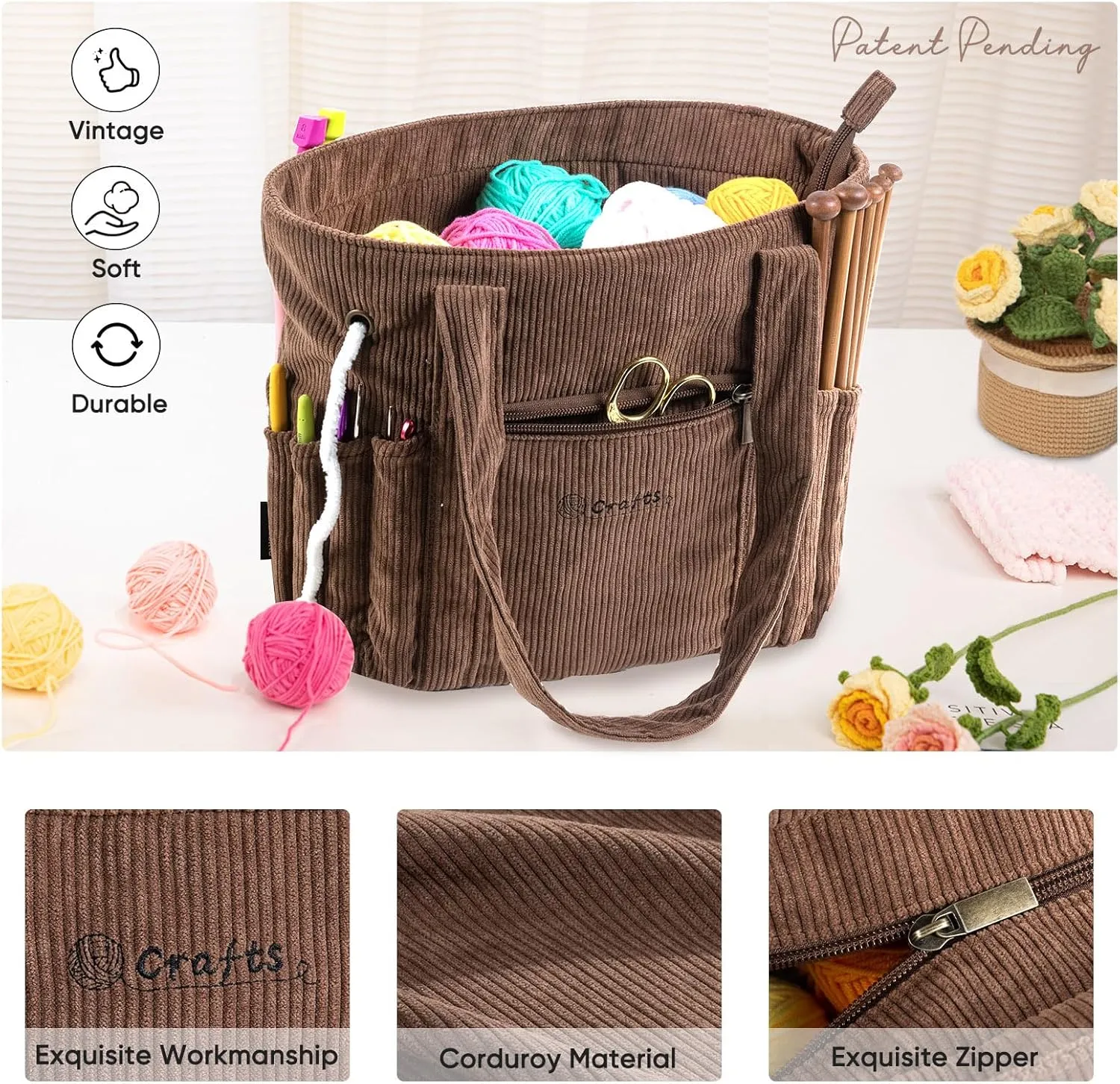 Crochet Bag and Tote - Corduroy Yarn Bag - Yarn Holder for Crocheting - Crochet Storage Bag for Crochet Hooks, Crochet Accessories, Knitting Bag for Crochet Lovers, Mother's Day Gift