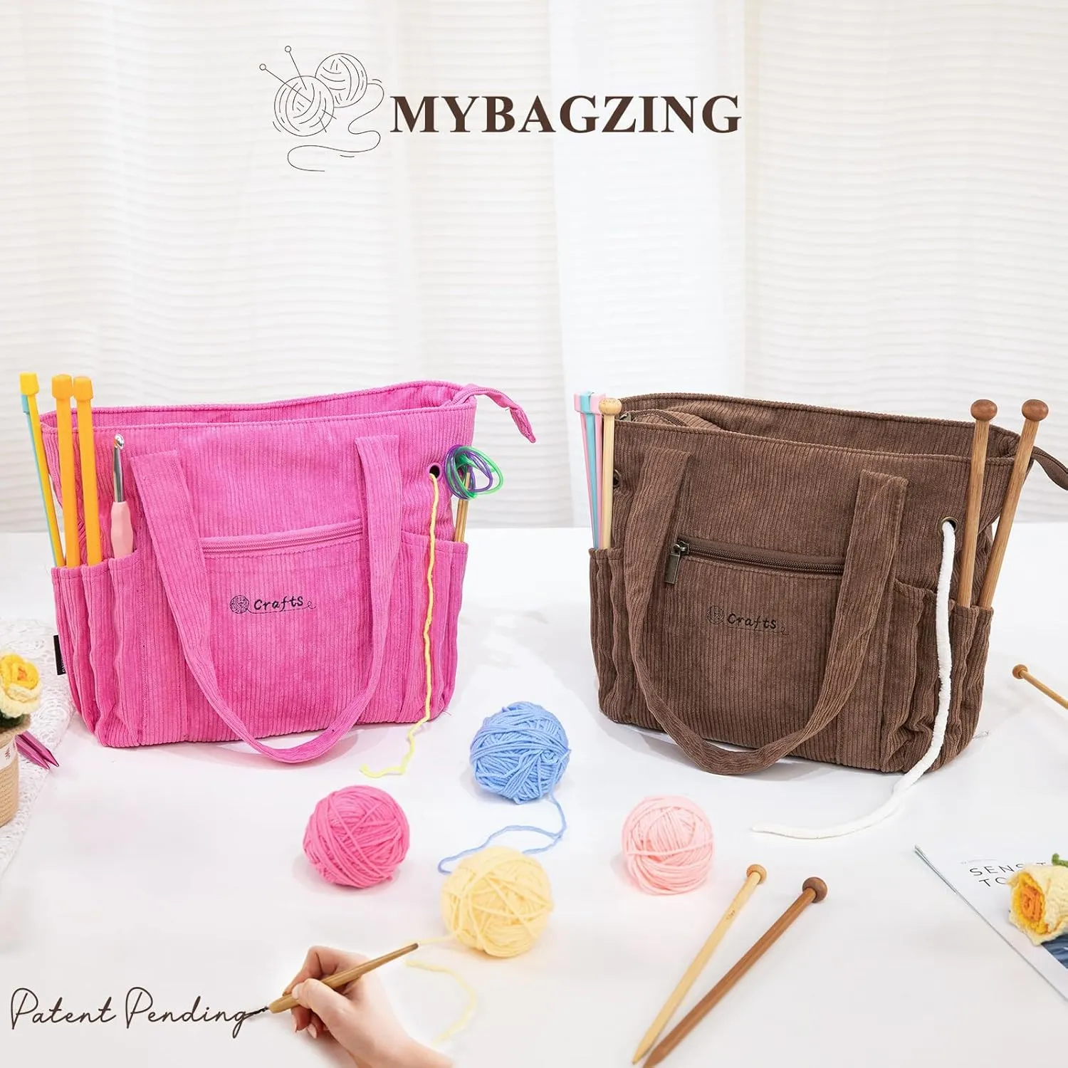 Crochet Bag and Tote - Corduroy Yarn Bag - Yarn Holder for Crocheting - Crochet Storage Bag for Crochet Hooks, Crochet Accessories, Knitting Bag for Crochet Lovers, Mother's Day Gift