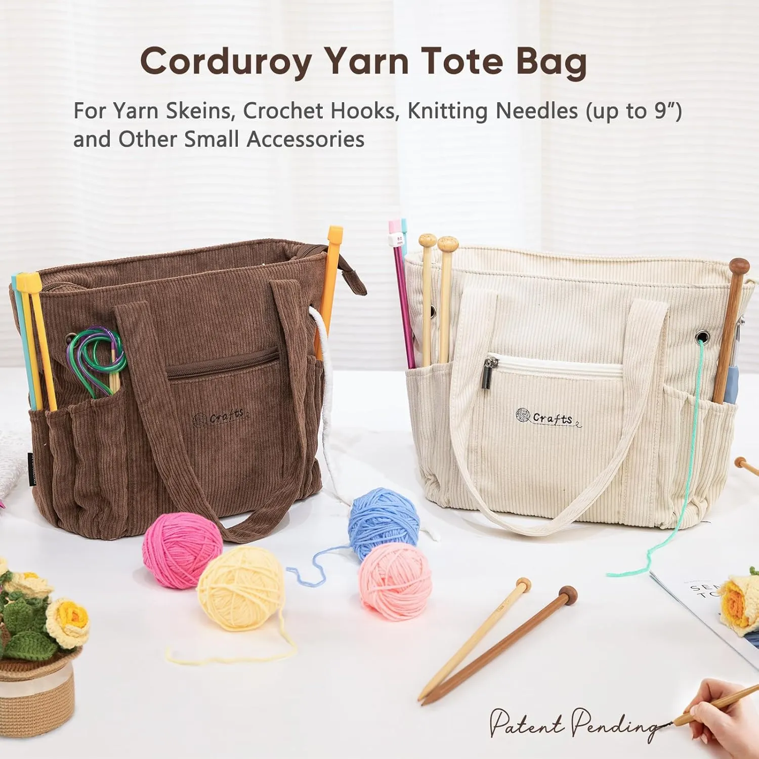 Crochet Bag and Tote - Corduroy Yarn Bag - Yarn Holder for Crocheting - Crochet Storage Bag for Crochet Hooks, Crochet Accessories, Knitting Bag for Crochet Lovers, Mother's Day Gift