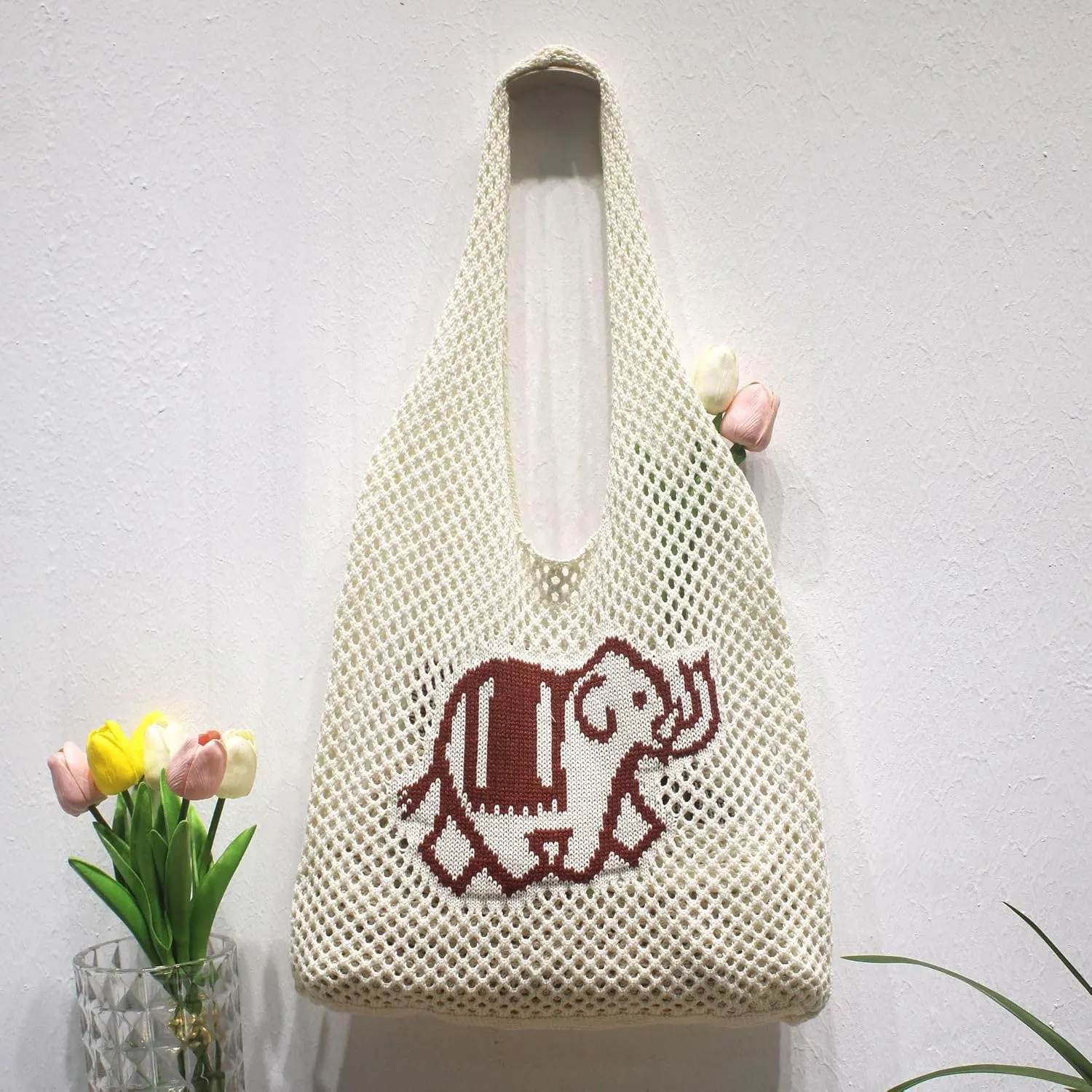 Crochet Tote Bag, Elephant Beach Mesh Knitted Bag Shoulder Bag Handbags for Women Summer
