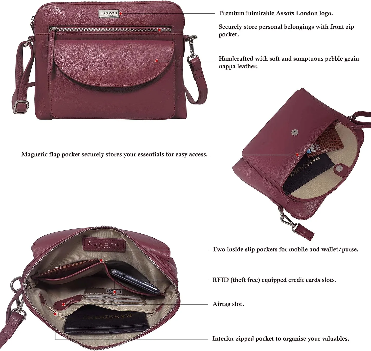 Crossbody Bags for Women Real Leather Sling with Multiple Pockets and Adjustable Strap