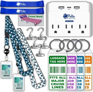 Cruise Ship Essentials 2025 Must Haves - Cruise Luggage Tags Holder, Cruise Approved Non-Surge Power Strip, Magnet Hooks, Lanyard, Towel Bands. Cruise Accessories For All Cruise Lines