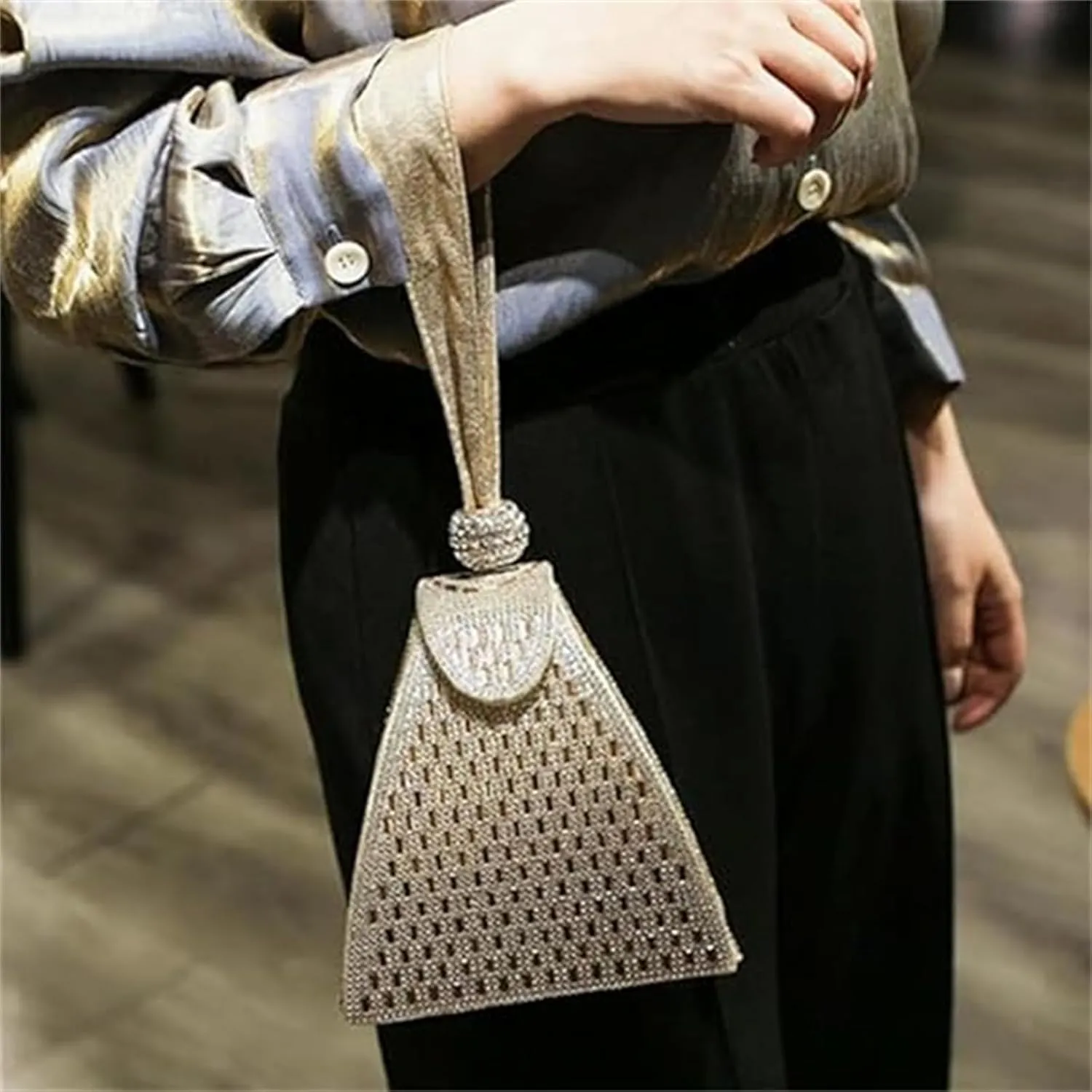 Crystal Pyramid Handbag, Sparkly with Wristlet, Triangle Geometric Clutch Purse, Rhinestones Evening Bags
