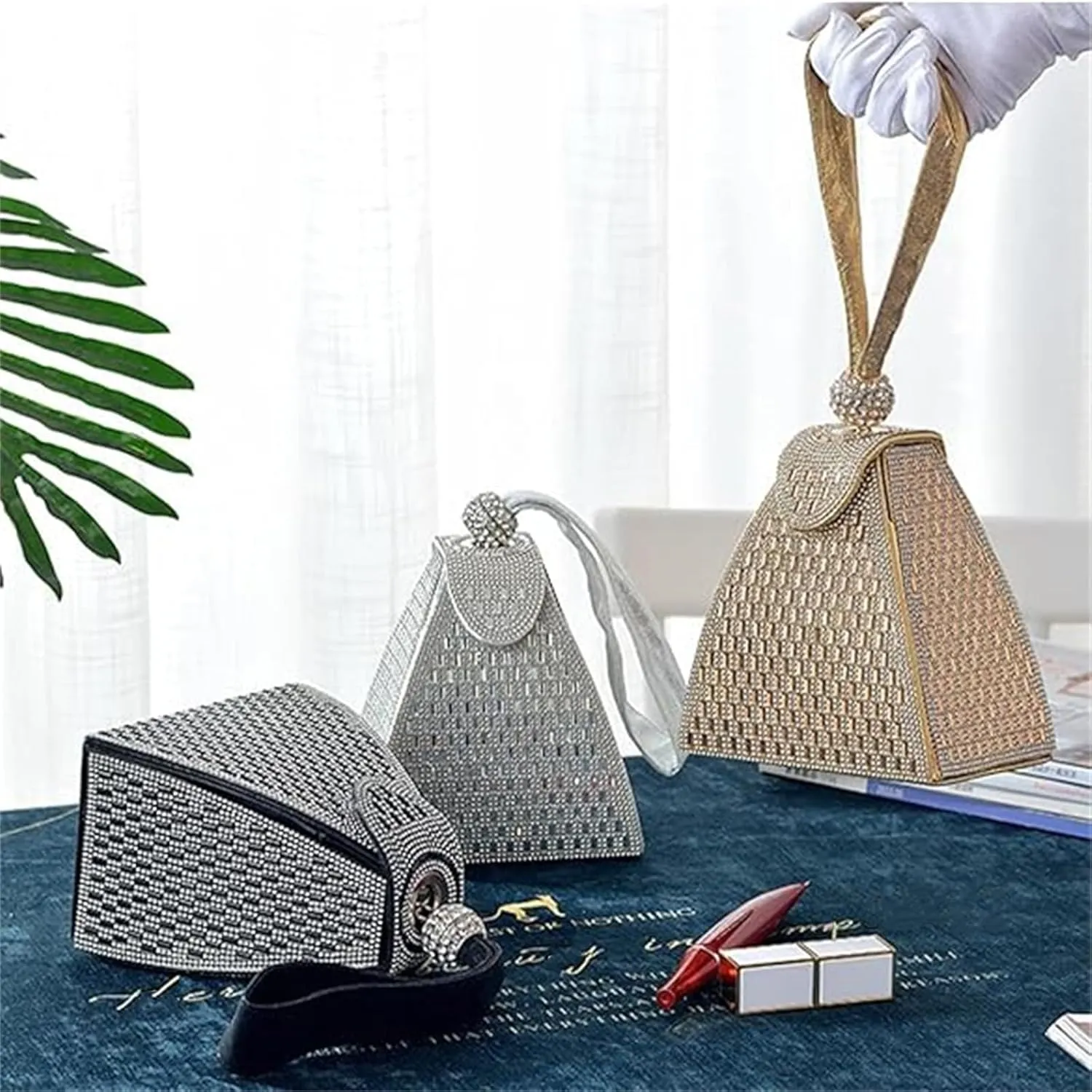 Crystal Pyramid Handbag, Sparkly with Wristlet, Triangle Geometric Clutch Purse, Rhinestones Evening Bags