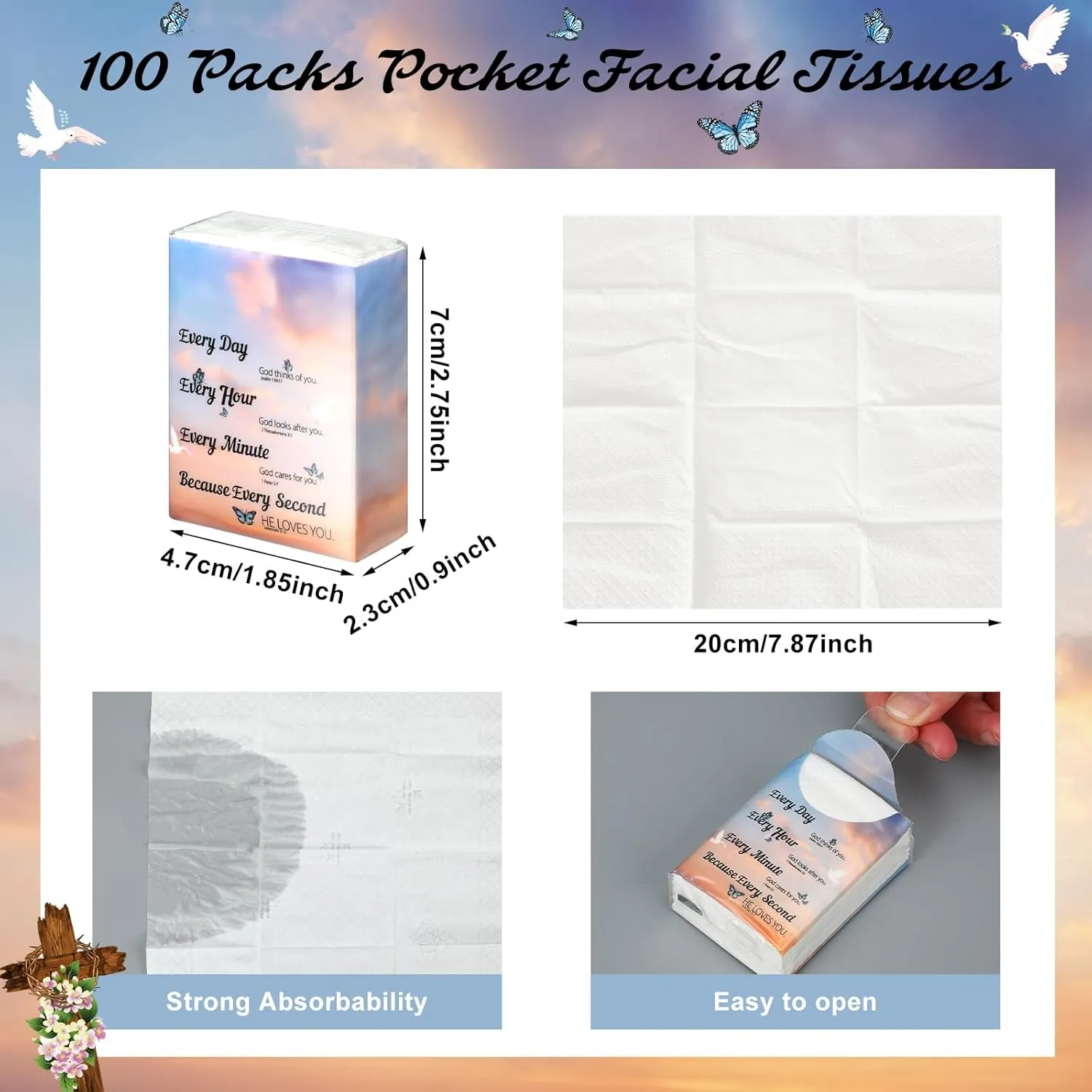 Ctosree 50 Pack Bible Verse Pocket Tissues Christian Travel Packs Bulk 500 Sheet Religious Scripture Small Individual Tissues Pocket Packs 3 Ply Mini Travel Size Religious Party Favors