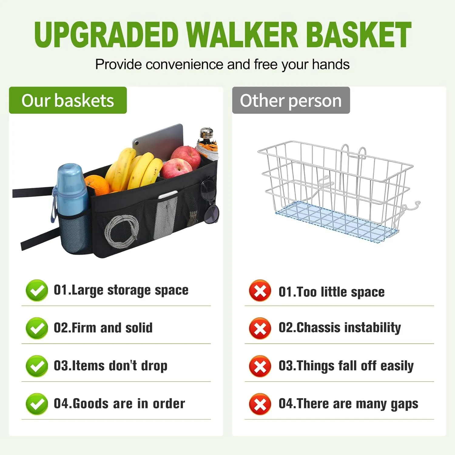 CTWWFS Upgrade Walker Basket with Cup Holder, Foldable Walker Storage Bag for Seniors with Big Capacity & Never Tipping Over, Best Gift for Family