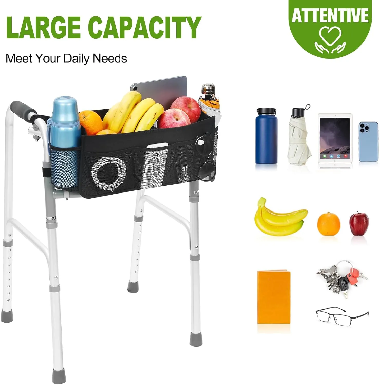 CTWWFS Upgrade Walker Basket with Cup Holder, Foldable Walker Storage Bag for Seniors with Big Capacity & Never Tipping Over, Best Gift for Family