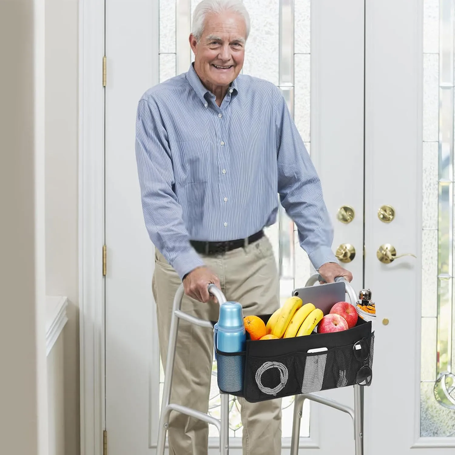 CTWWFS Upgrade Walker Basket with Cup Holder, Foldable Walker Storage Bag for Seniors with Big Capacity & Never Tipping Over, Best Gift for Family