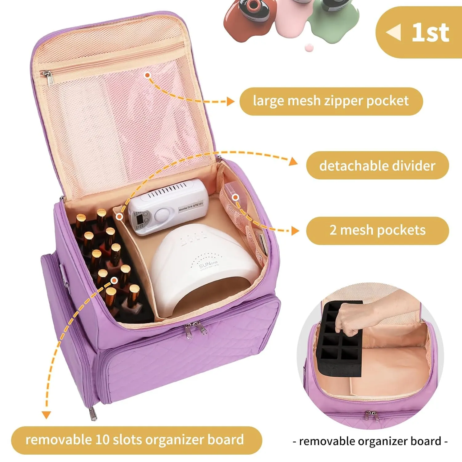 CUBETASTIC Extra Large Nail Polish Organizer Case Holds 86 to 100  Bottles Nail Polish & Nail Lamp, Nail Supplies Storage Carrying Bag with 2 Removable Pouches (Purple, 86 Slots)