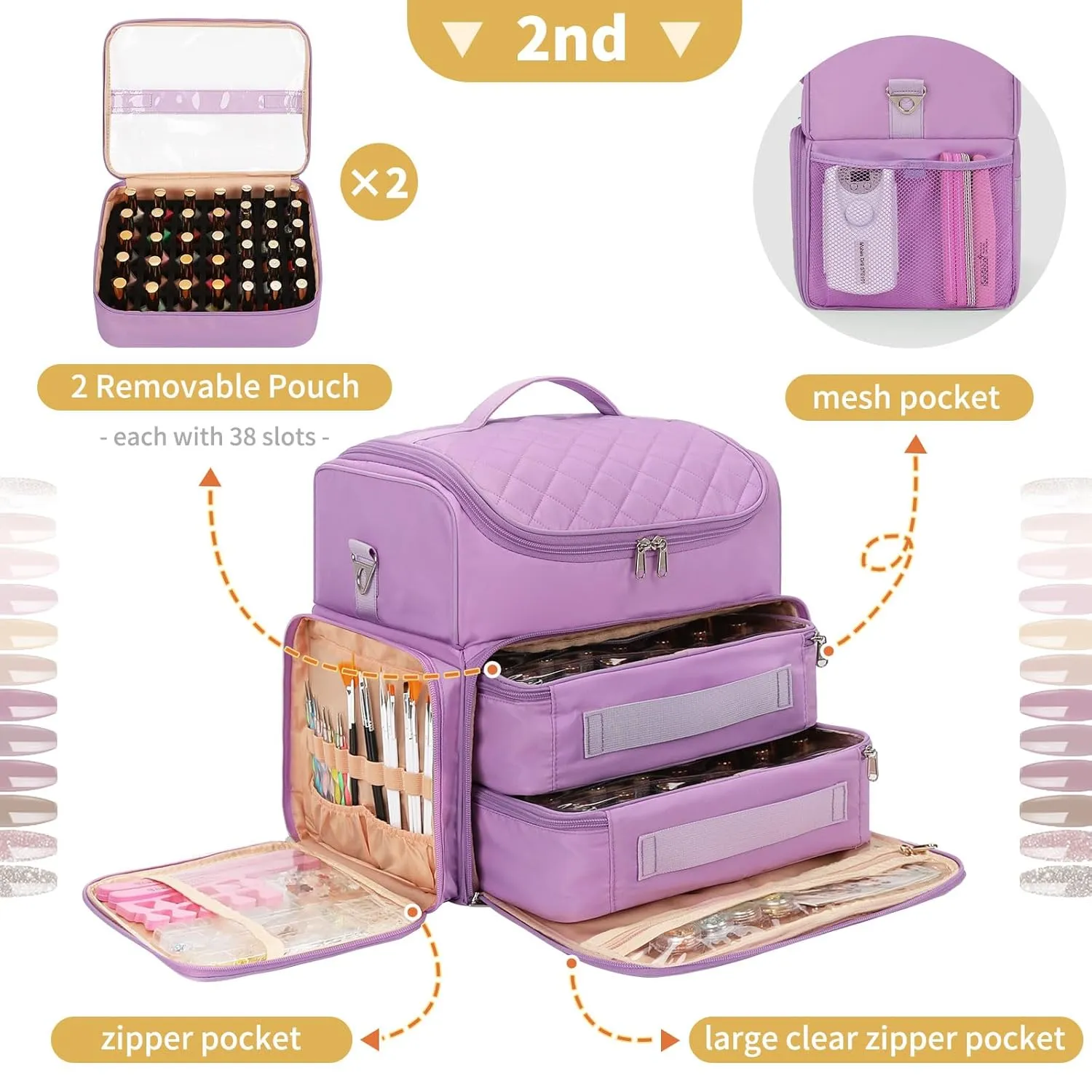 CUBETASTIC Extra Large Nail Polish Organizer Case Holds 86 to 100  Bottles Nail Polish & Nail Lamp, Nail Supplies Storage Carrying Bag with 2 Removable Pouches (Purple, 86 Slots)