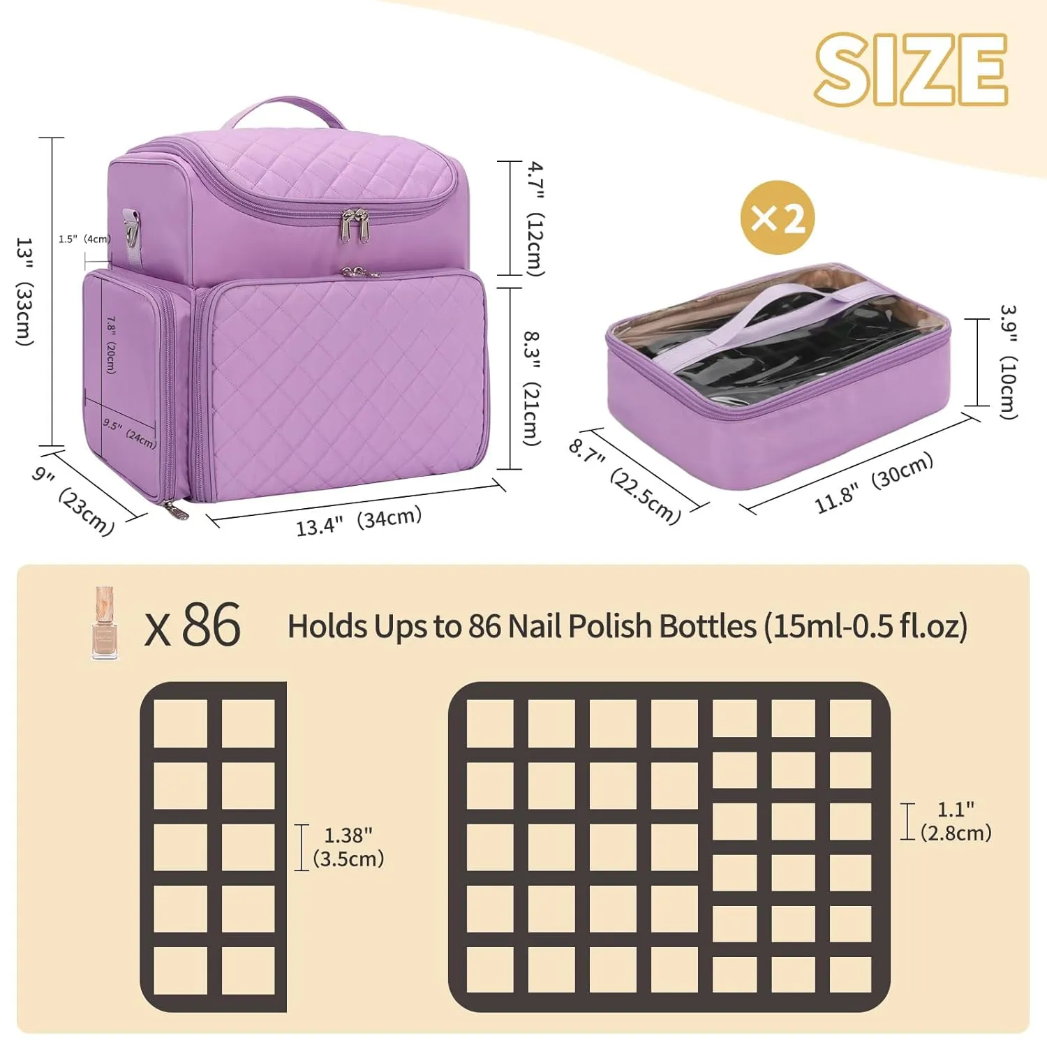 CUBETASTIC Extra Large Nail Polish Organizer Case Holds 86 to 100  Bottles Nail Polish & Nail Lamp, Nail Supplies Storage Carrying Bag with 2 Removable Pouches (Purple, 86 Slots)