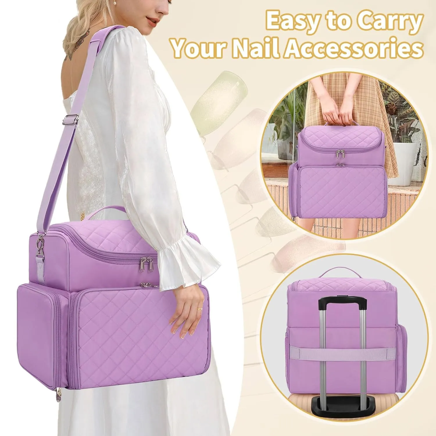 CUBETASTIC Extra Large Nail Polish Organizer Case Holds 86 to 100  Bottles Nail Polish & Nail Lamp, Nail Supplies Storage Carrying Bag with 2 Removable Pouches (Purple, 86 Slots)