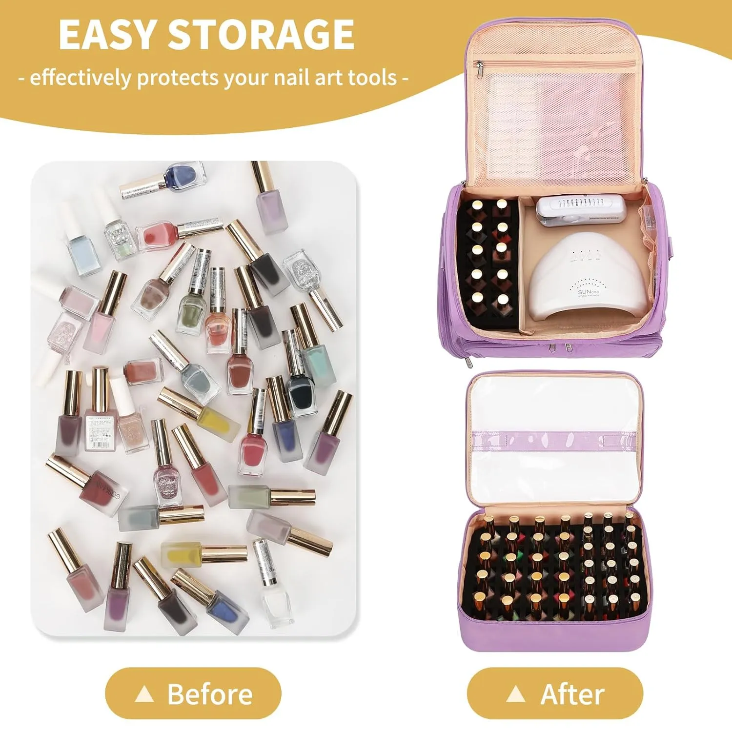 CUBETASTIC Extra Large Nail Polish Organizer Case Holds 86 to 100  Bottles Nail Polish & Nail Lamp, Nail Supplies Storage Carrying Bag with 2 Removable Pouches (Purple, 86 Slots)