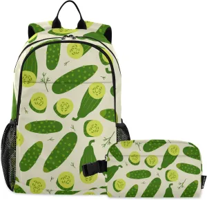 Cucumber Green Cute Backpack with Lunch Bag, School Travel Backpack for Boys Girls Kids Backpacks Set
