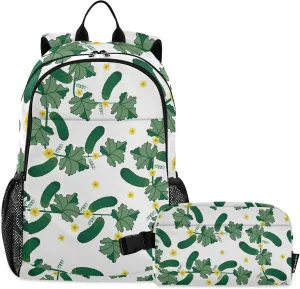 Cucumber with Leaves Backpack with Lunch Bag, School Travel Backpack for Boys Girls Kids Backpacks Set