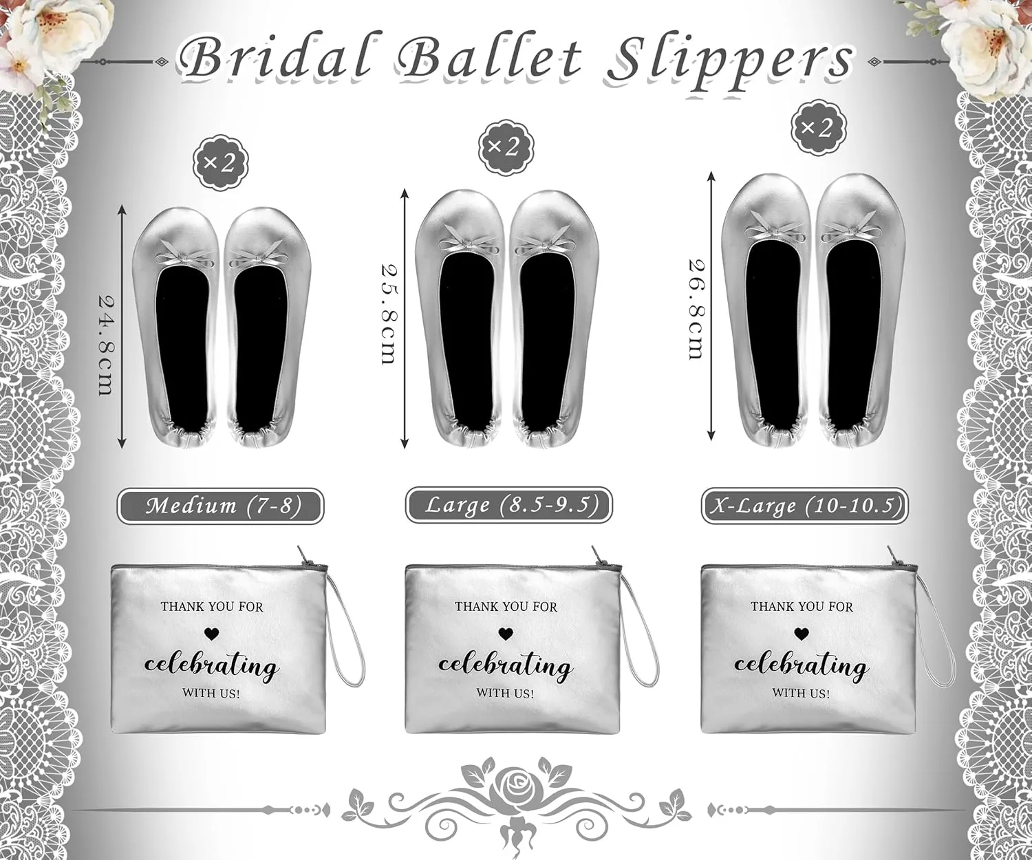 Cuffbow 6 Pairs Wedding Foldable Flats Ballet Dancing Shoes for Purse Rollable Ballerina Slippers Shoes Bulk Bride Bridesmaids Guests