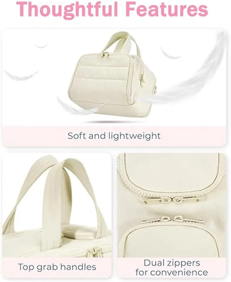 Cureaway Travel Cosmetic Bag, 4-in-1 Puffy Multi-Functional Toiletry Bag for Women, Extra Large Capacity Wide-Open Travel Cosmetic Bag, Portable Pouch Open Flat Toiletry Bag Make Up Organizer (Beige)