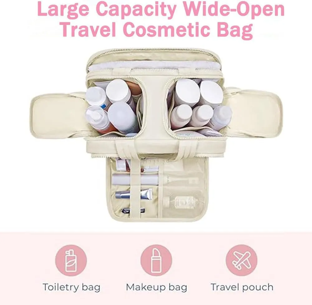 Cureaway Travel Cosmetic Bag, 4-in-1 Puffy Multi-Functional Toiletry Bag for Women, Extra Large Capacity Wide-Open Travel Cosmetic Bag, Portable Pouch Open Flat Toiletry Bag Make Up Organizer (Beige)