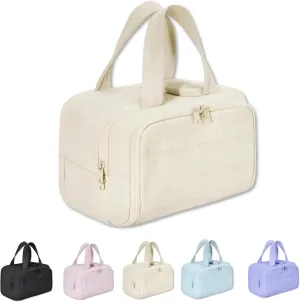 Cureaway Travel Cosmetic Bag, 4-in-1 Puffy Multi-Functional Toiletry Bag for Women, Extra Large Capacity Wide-Open Travel Cosmetic Bag, Portable Pouch Open Flat Toiletry Bag Make Up Organizer (Beige)