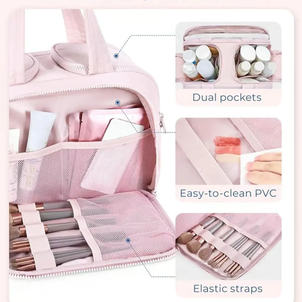 Cureaway Travel Cosmetic Bag, 4-in-1 Puffy Multi-Functional Toiletry Bag for Women, Extra Large Capacity Wide-Open Travel Cosmetic Bag, Portable Pouch Open Flat Toiletry Bag Make Up Organizer (Beige)