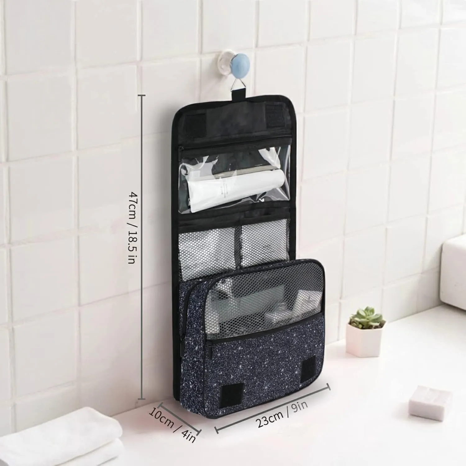 Custom Black Glitter PATTERN Travel Hanging Toiletry Bag Personalized Makeup Large Customized Cosmetic Bag Toiletry Organizer Waterproof for Men Women Travelling Organizer