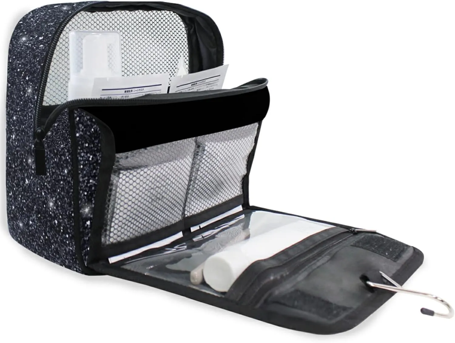 Custom Black Glitter PATTERN Travel Hanging Toiletry Bag Personalized Makeup Large Customized Cosmetic Bag Toiletry Organizer Waterproof for Men Women Travelling Organizer