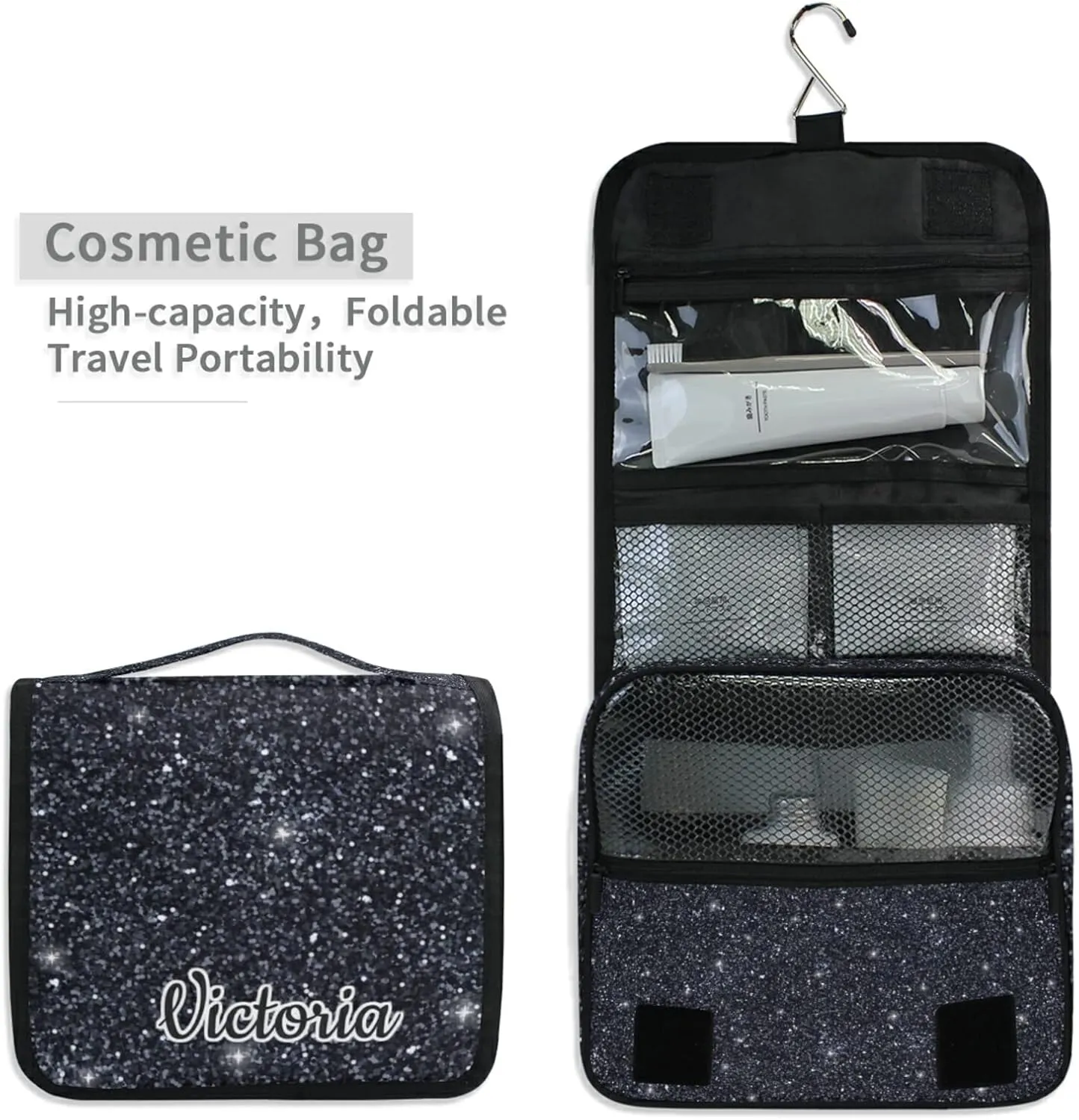 Custom Black Glitter PATTERN Travel Hanging Toiletry Bag Personalized Makeup Large Customized Cosmetic Bag Toiletry Organizer Waterproof for Men Women Travelling Organizer