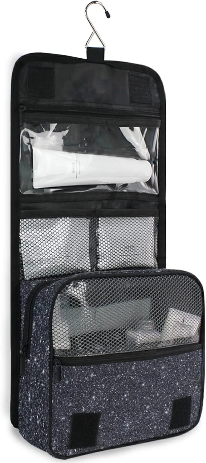 Custom Black Glitter PATTERN Travel Hanging Toiletry Bag Personalized Makeup Large Customized Cosmetic Bag Toiletry Organizer Waterproof for Men Women Travelling Organizer