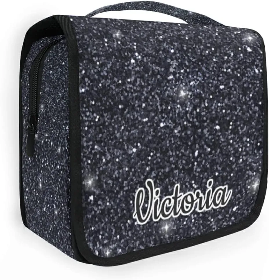 Custom Black Glitter PATTERN Travel Hanging Toiletry Bag Personalized Makeup Large Customized Cosmetic Bag Toiletry Organizer Waterproof for Men Women Travelling Organizer
