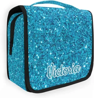 Custom Blue Glitter PATTERN Travel Hanging Toiletry Bag Personalized Makeup Large Customized Cosmetic Bag Travel Organizer Waterproof for Women Girls Beauty