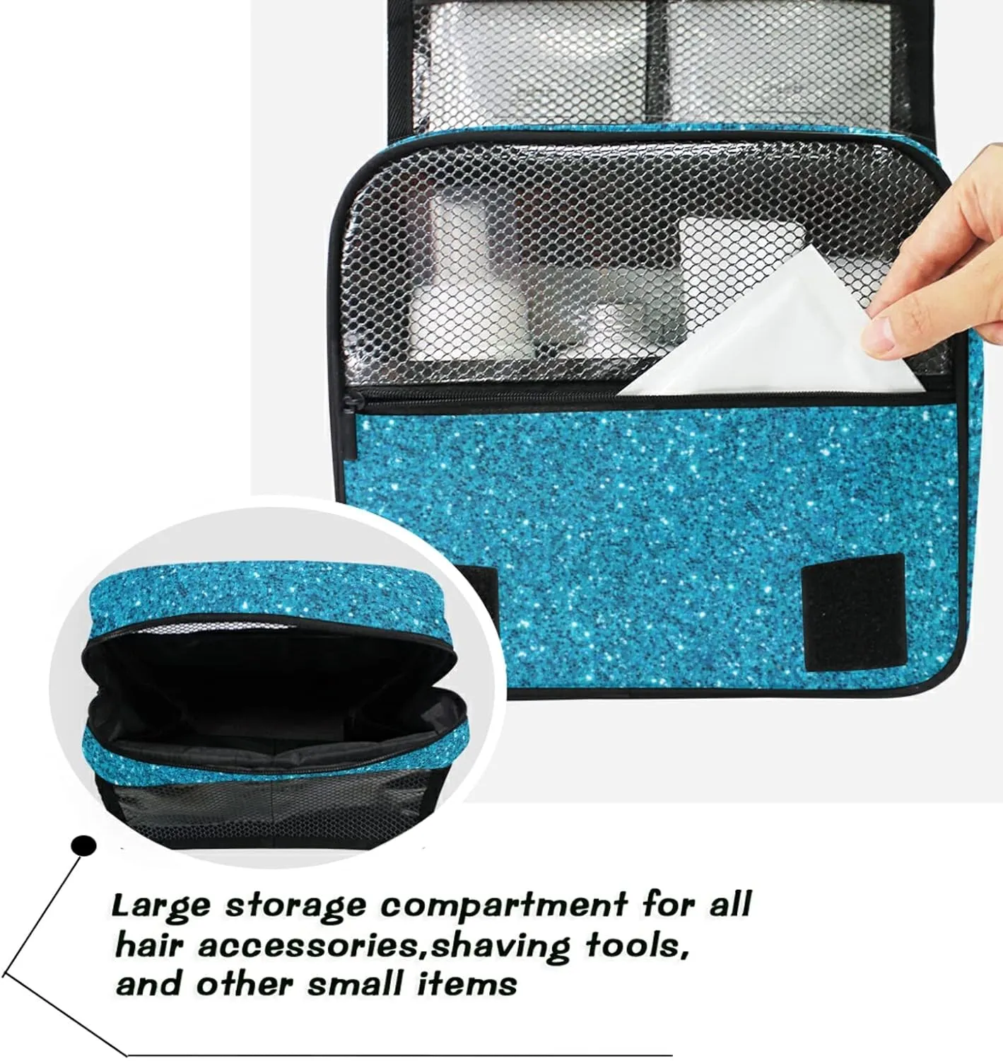 Custom Blue Glitter PATTERN Travel Hanging Toiletry Bag Personalized Makeup Large Customized Cosmetic Bag Travel Organizer Waterproof for Women Girls Beauty