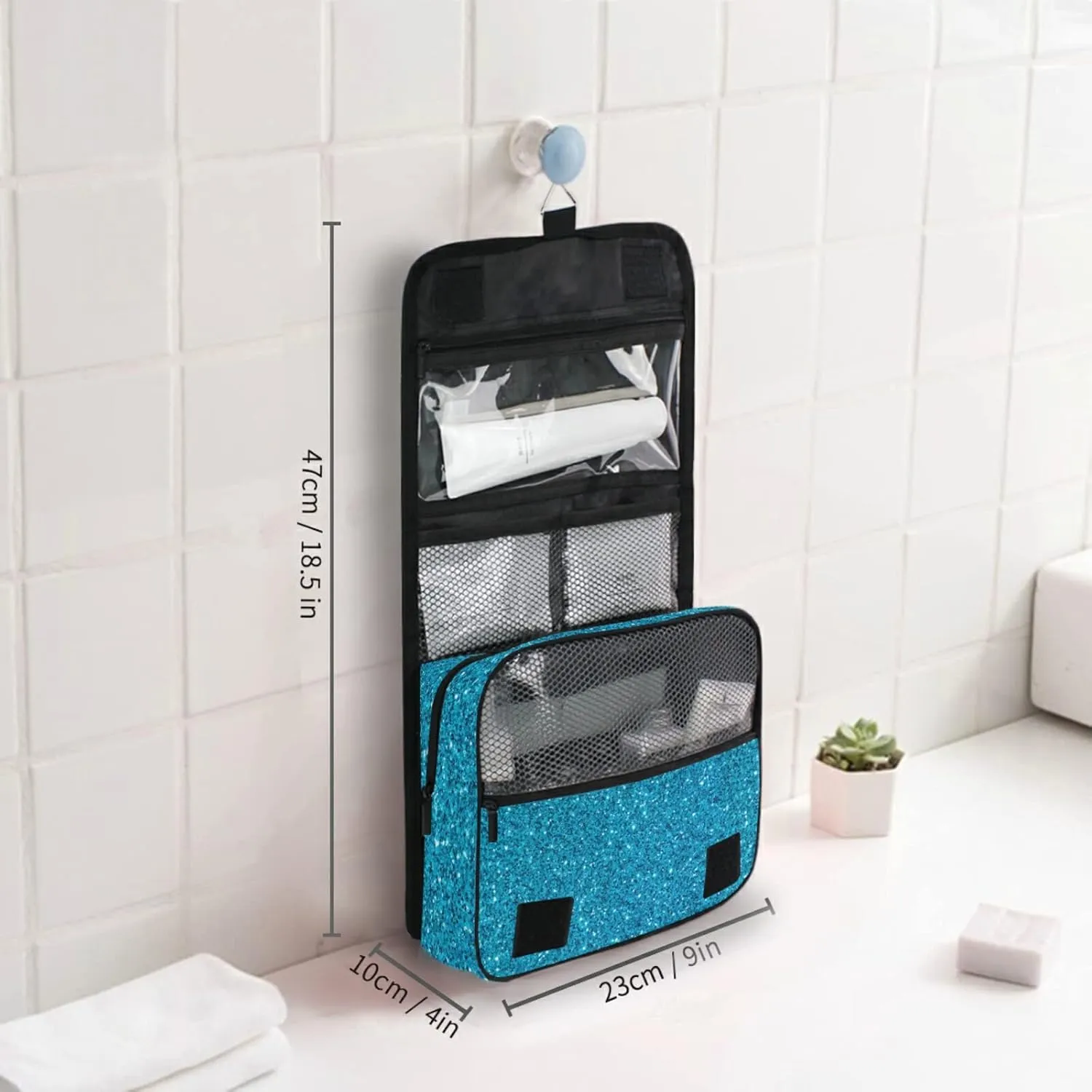 Custom Blue Glitter PATTERN Travel Hanging Toiletry Bag Personalized Makeup Large Customized Cosmetic Bag Travel Organizer Waterproof for Women Girls Beauty