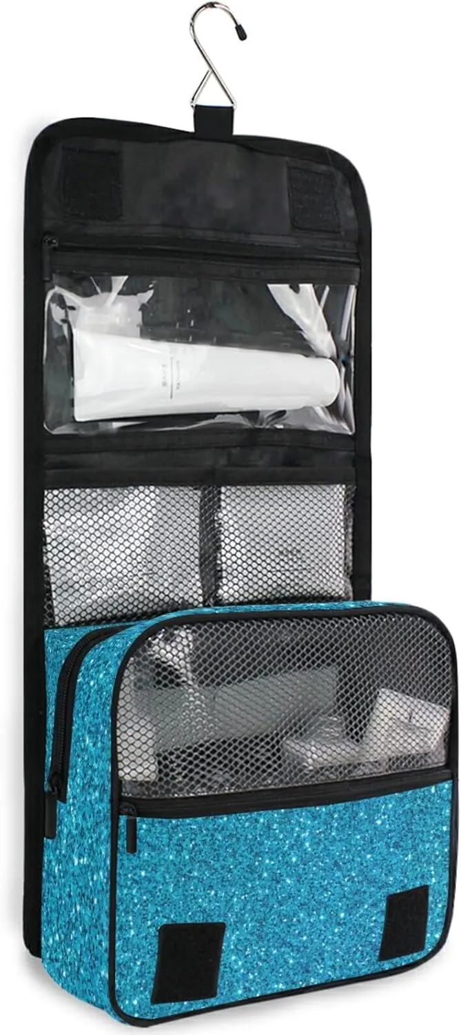 Custom Blue Glitter PATTERN Travel Hanging Toiletry Bag Personalized Makeup Large Customized Cosmetic Bag Travel Organizer Waterproof for Women Girls Beauty