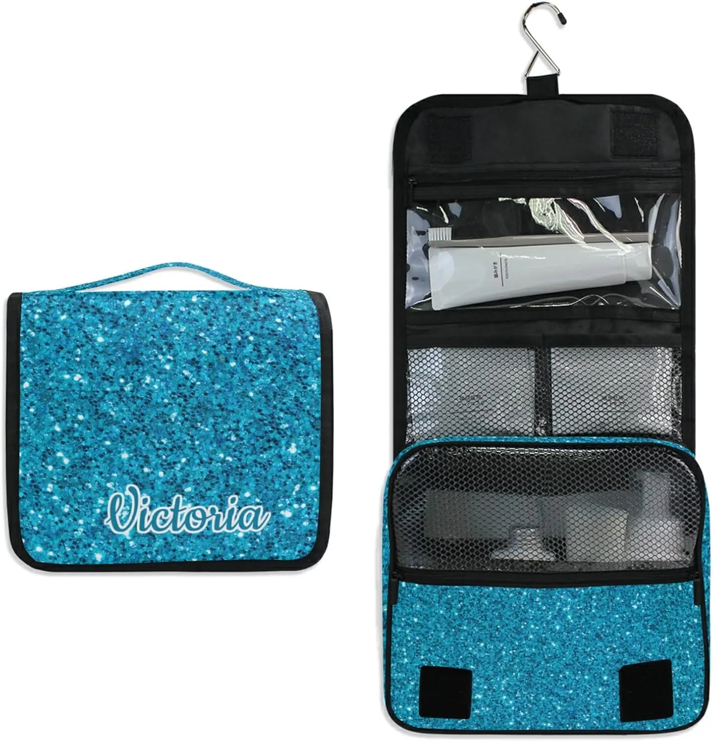 Custom Blue Glitter PATTERN Travel Hanging Toiletry Bag Personalized Makeup Large Customized Cosmetic Bag Travel Organizer Waterproof for Women Girls Beauty