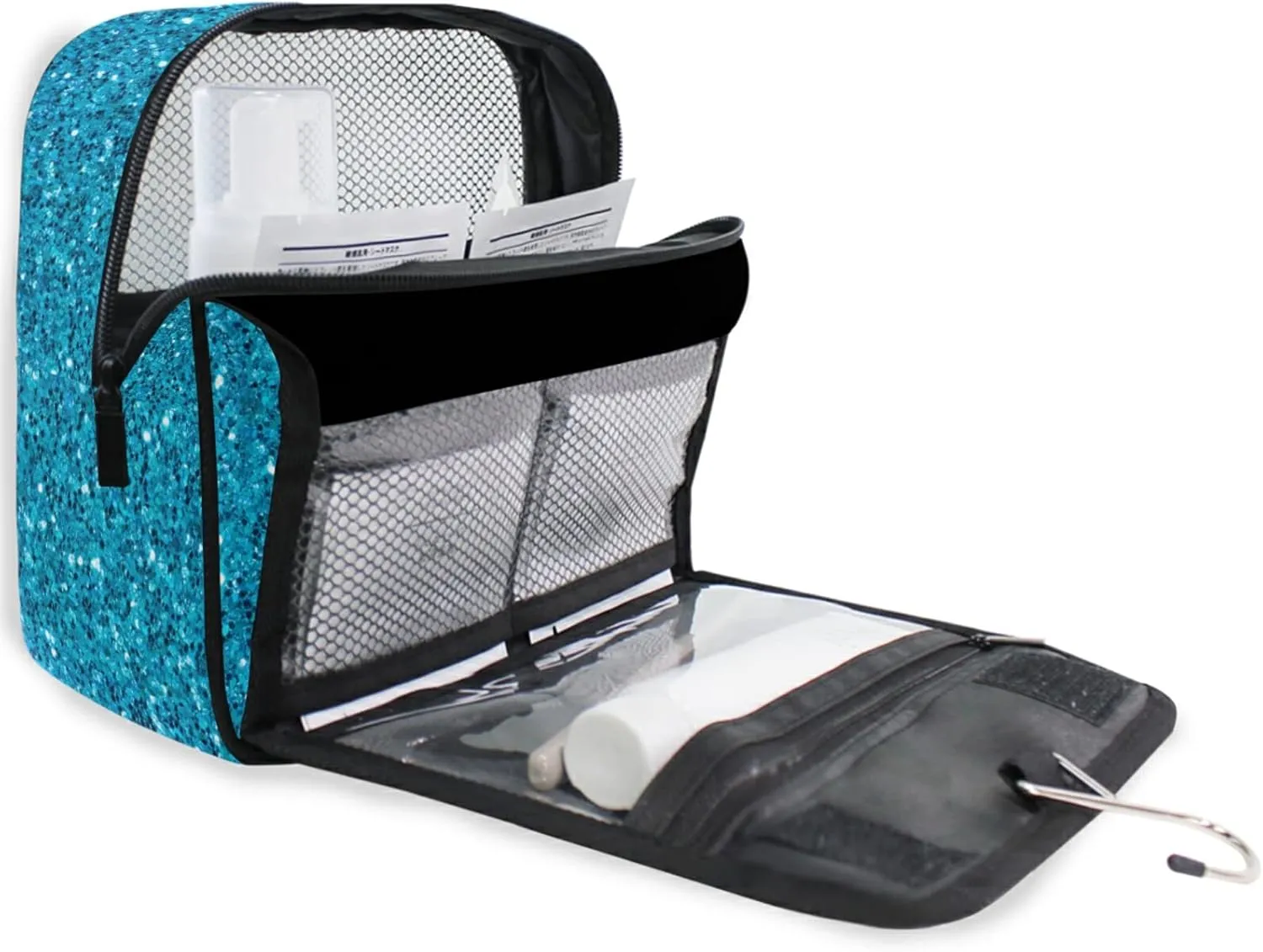 Custom Blue Glitter PATTERN Travel Hanging Toiletry Bag Personalized Makeup Large Customized Cosmetic Bag Travel Organizer Waterproof for Women Girls Beauty