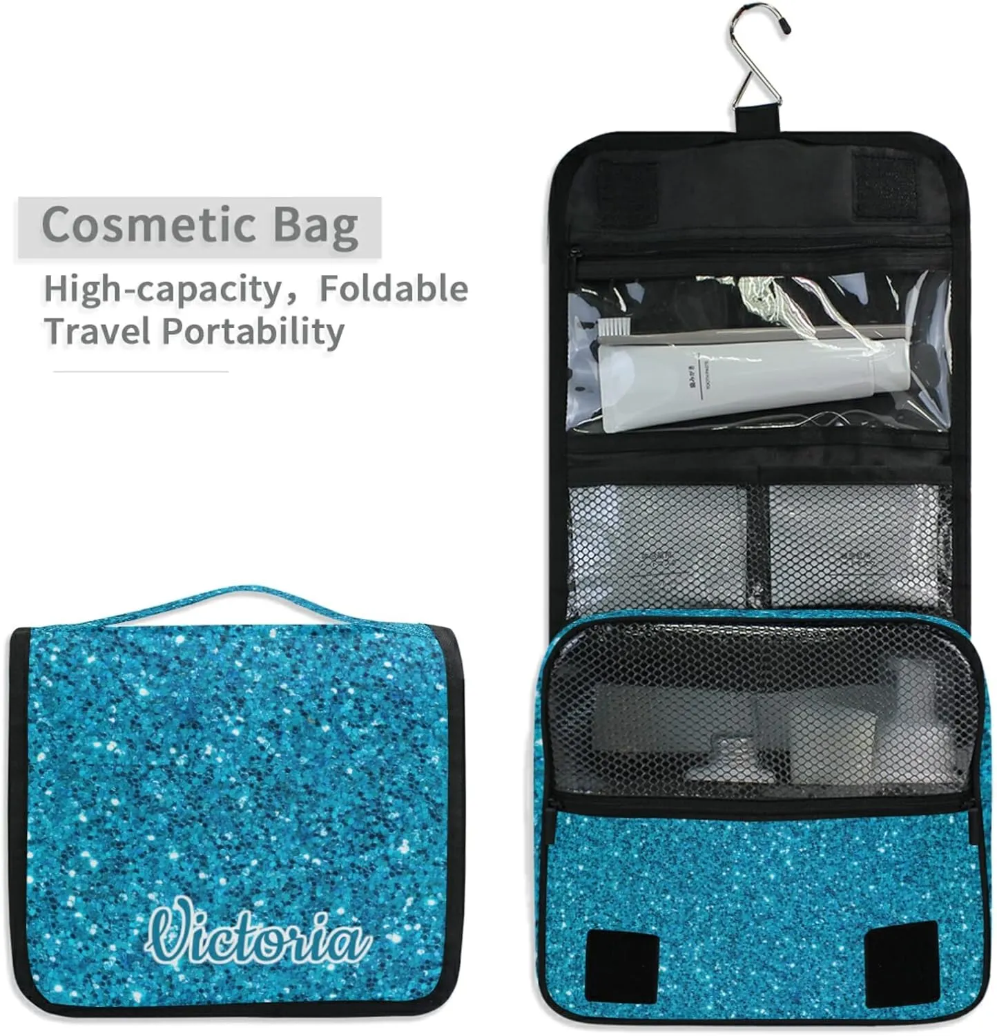 Custom Blue Glitter PATTERN Travel Hanging Toiletry Bag Personalized Makeup Large Customized Cosmetic Bag Travel Organizer Waterproof for Women Girls Beauty